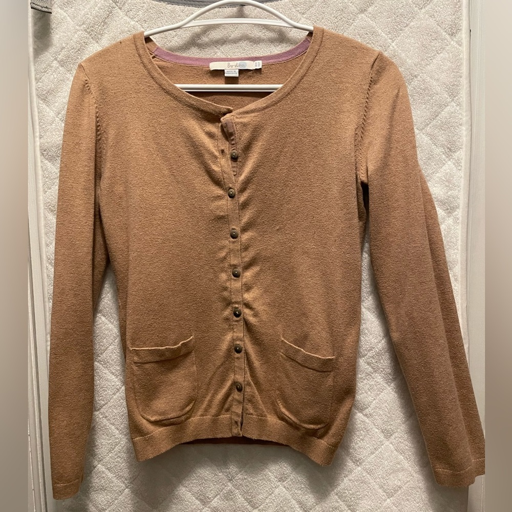 Boden Women's Tan Cardigan with Pink Trim